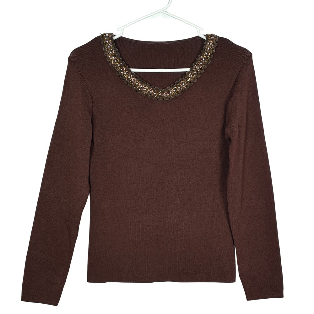 Vintage Brown Beaded Scoop Neck Stretch Top SMALL Long Sleeve Boho Retro Dressy